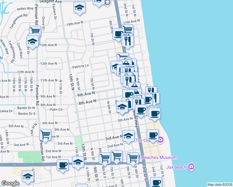map of restaurants, bars, coffee shops, grocery stores, and more near 500 9th Avenue North in Jacksonville Beach