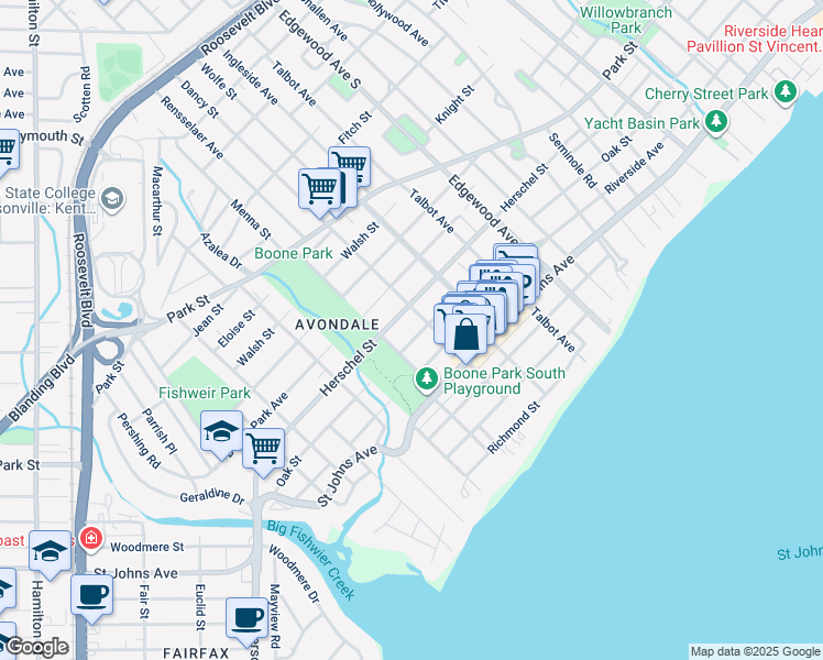 map of restaurants, bars, coffee shops, grocery stores, and more near 3665 Herschel Street in Jacksonville