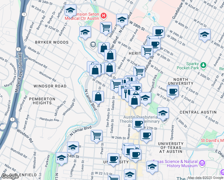 map of restaurants, bars, coffee shops, grocery stores, and more near West Avenue in Austin