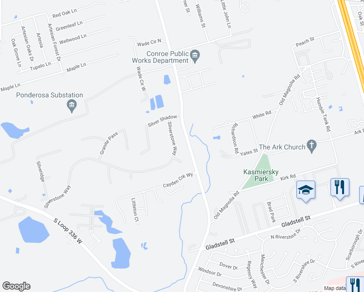 map of restaurants, bars, coffee shops, grocery stores, and more near 2611 Silverstone Way in Conroe