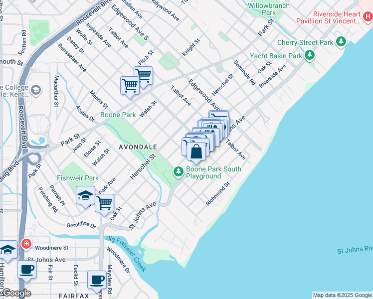 map of restaurants, bars, coffee shops, grocery stores, and more near 1751 Dancy Street in Jacksonville