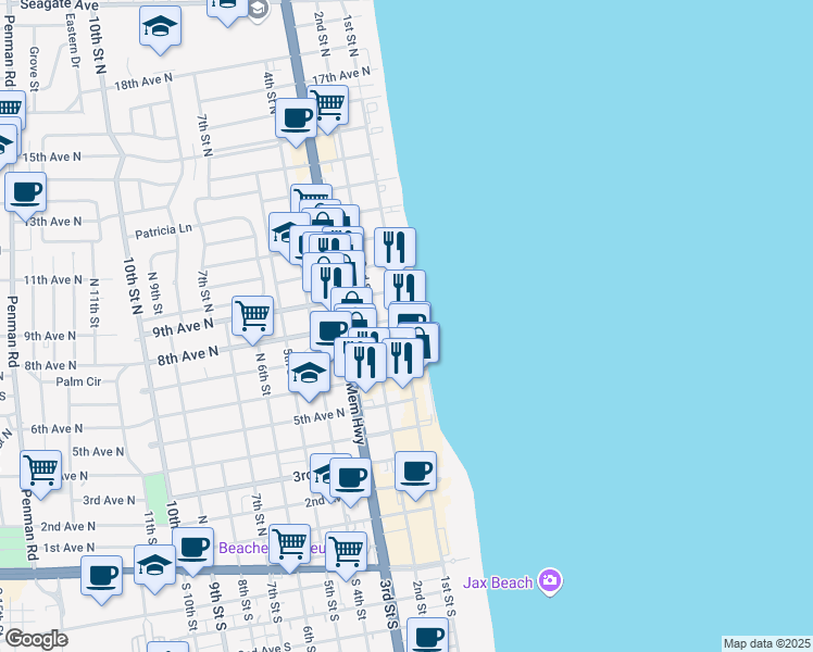 map of restaurants, bars, coffee shops, grocery stores, and more near 831 1st Street North in Jacksonville Beach