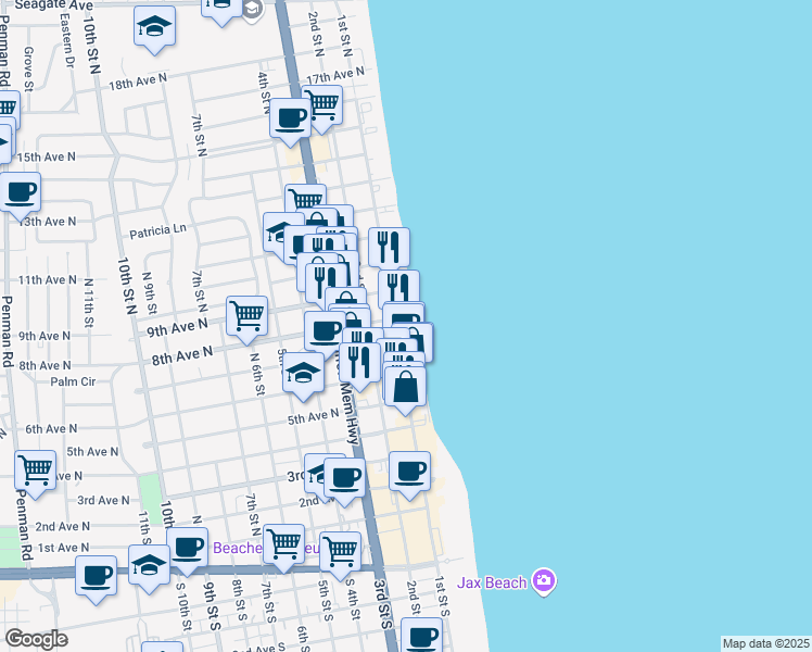map of restaurants, bars, coffee shops, grocery stores, and more near 831 1st Street North in Jacksonville Beach
