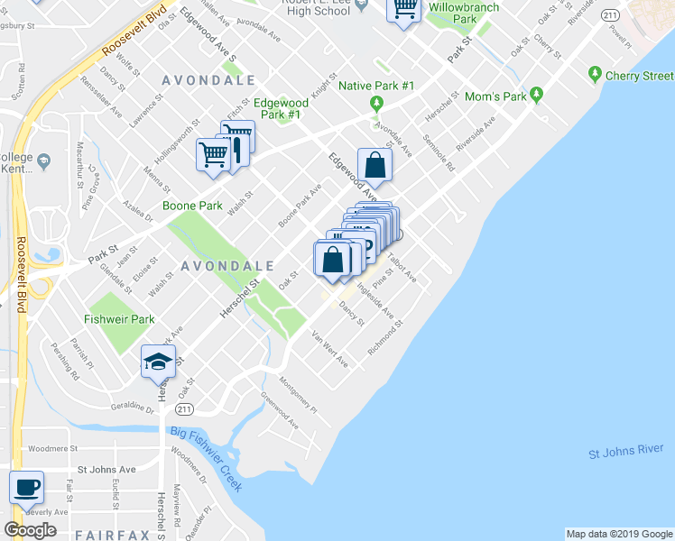 map of restaurants, bars, coffee shops, grocery stores, and more near 3602 Riverside Avenue in Jacksonville