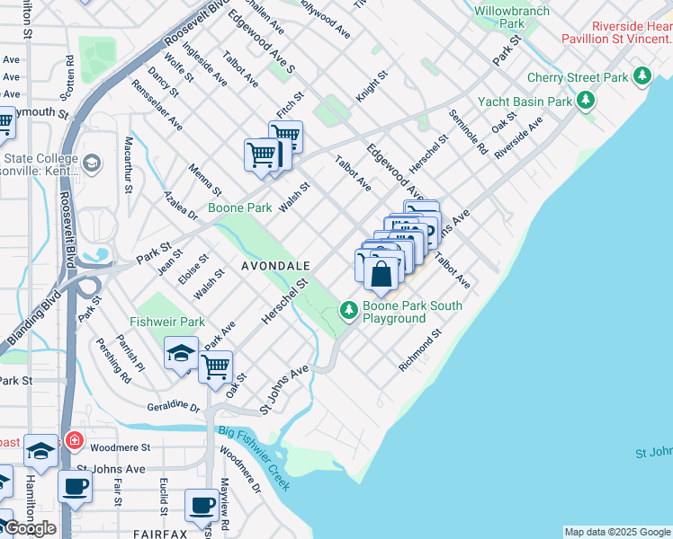 map of restaurants, bars, coffee shops, grocery stores, and more near 3665 Herschel Street in Jacksonville