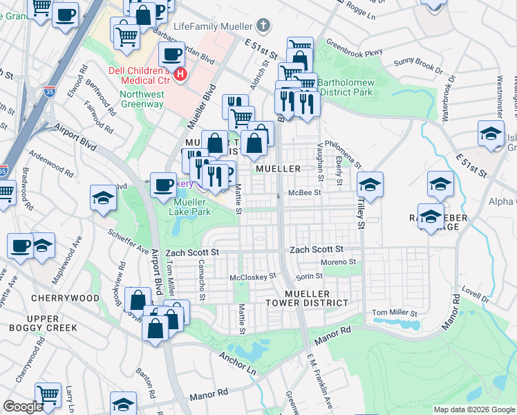 map of restaurants, bars, coffee shops, grocery stores, and more near 2121 McBee Street in Austin