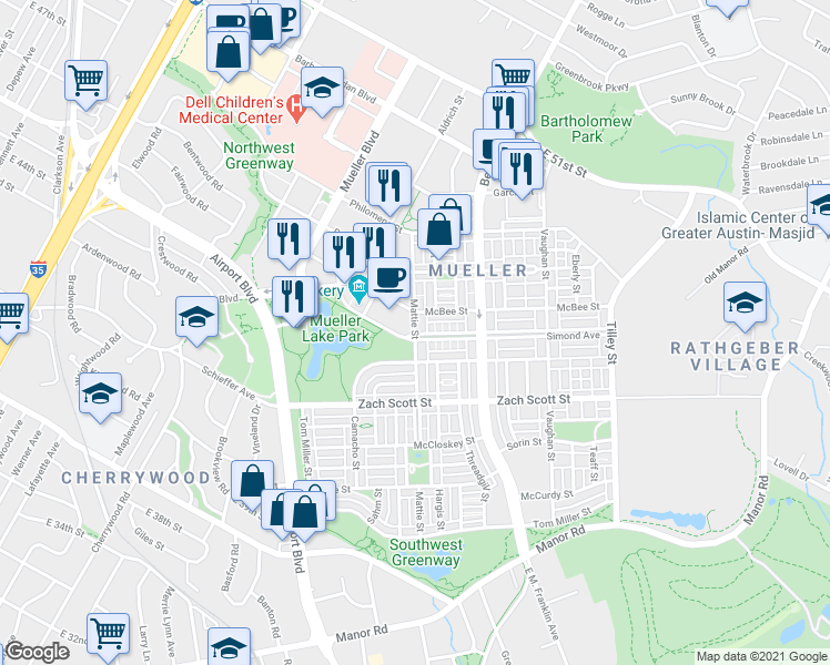 map of restaurants, bars, coffee shops, grocery stores, and more near 4417 Mattie Street in Austin