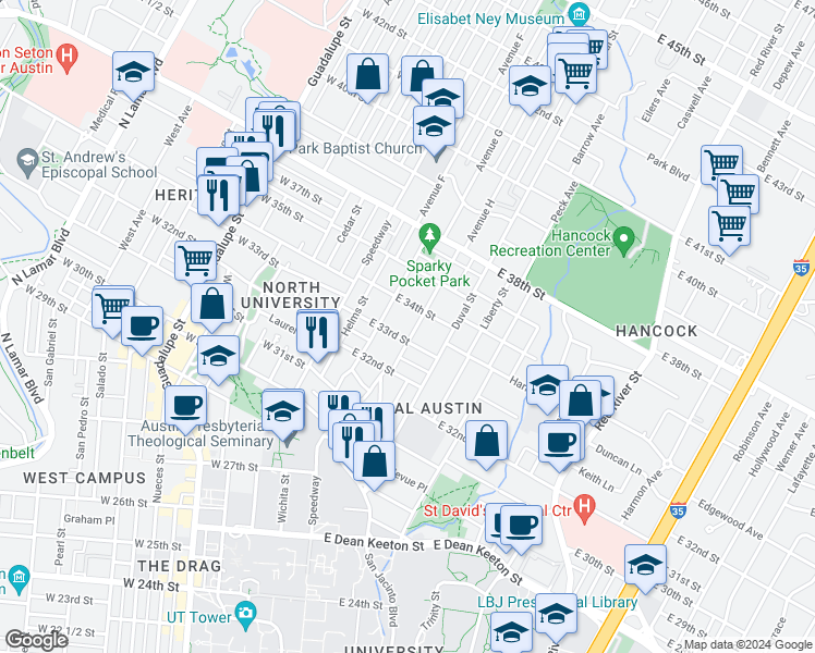 map of restaurants, bars, coffee shops, grocery stores, and more near 311 East 34th Street in Austin