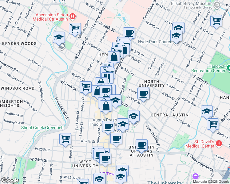 map of restaurants, bars, coffee shops, grocery stores, and more near 3108 Wheeler Street in Austin