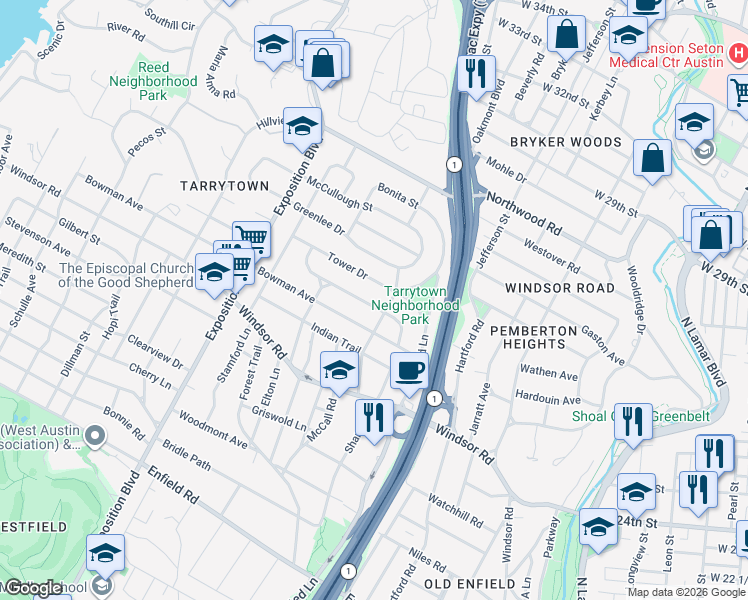 map of restaurants, bars, coffee shops, grocery stores, and more near 2208 Townes Lane in Austin