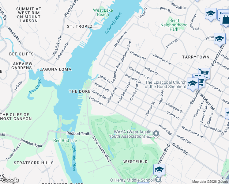 map of restaurants, bars, coffee shops, grocery stores, and more near 3604 Bridle Path in Austin