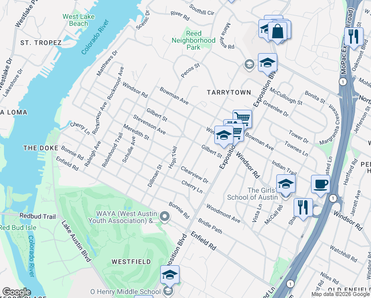 map of restaurants, bars, coffee shops, grocery stores, and more near 2006 Hopi Trail in Austin