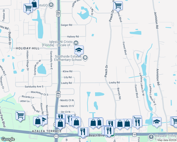 map of restaurants, bars, coffee shops, grocery stores, and more near 9764 Jupiter Court South in Jacksonville