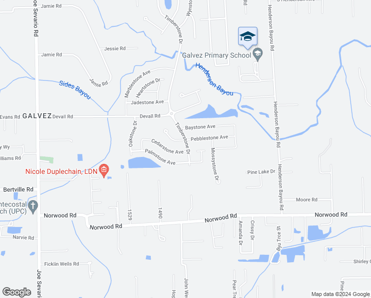 map of restaurants, bars, coffee shops, grocery stores, and more near 42412 Cedarstone Drive in Prairieville