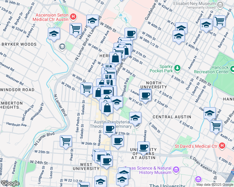 map of restaurants, bars, coffee shops, grocery stores, and more near 3011 Fruth Street in Austin