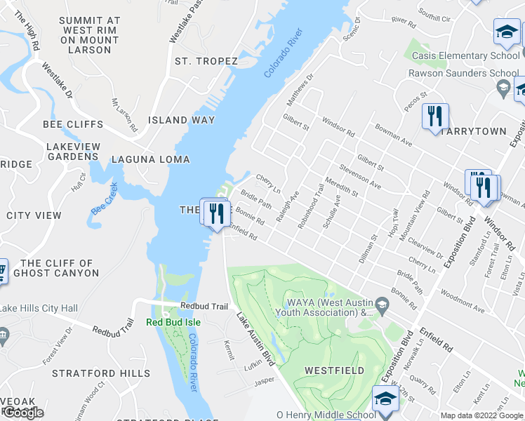 map of restaurants, bars, coffee shops, grocery stores, and more near 1605 Rockmoor Avenue in Austin