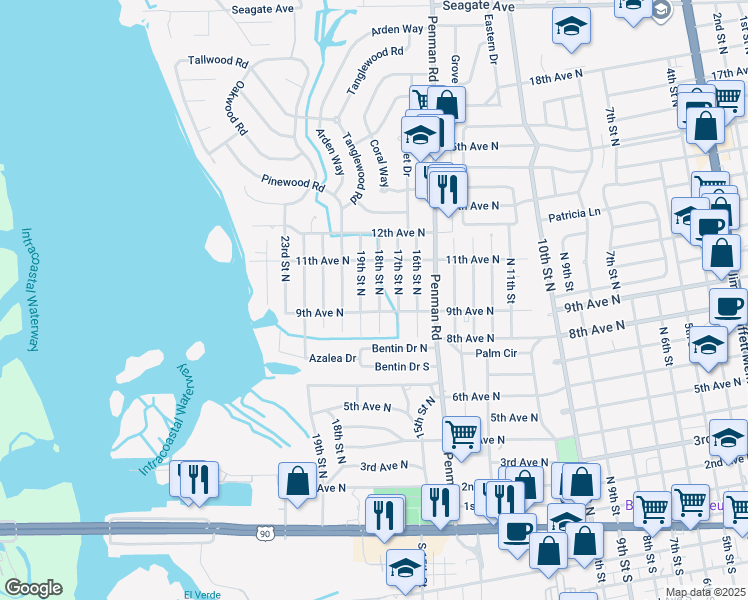 map of restaurants, bars, coffee shops, grocery stores, and more near 1035 19th Street North in Jacksonville Beach