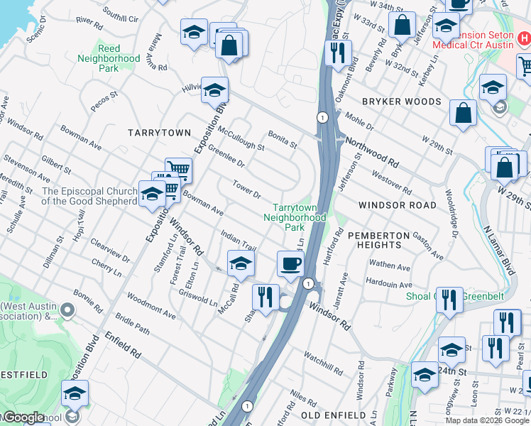 map of restaurants, bars, coffee shops, grocery stores, and more near 2208 Townes Lane in Austin
