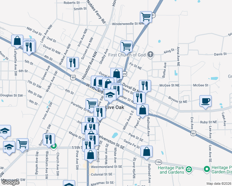 map of restaurants, bars, coffee shops, grocery stores, and more near 101-199 Conner Street Northwest in Live Oak