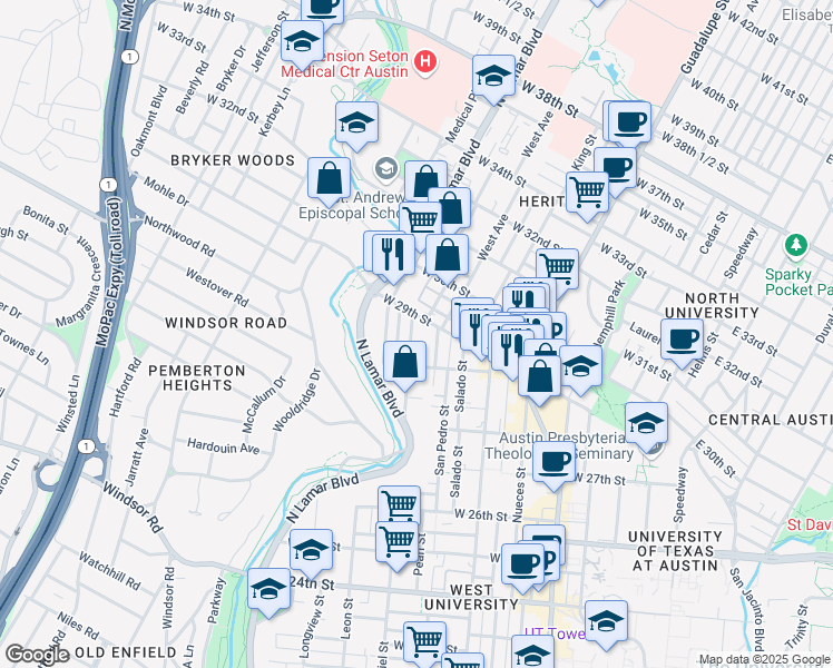 map of restaurants, bars, coffee shops, grocery stores, and more near 2841 Shoal Crest Avenue in Austin