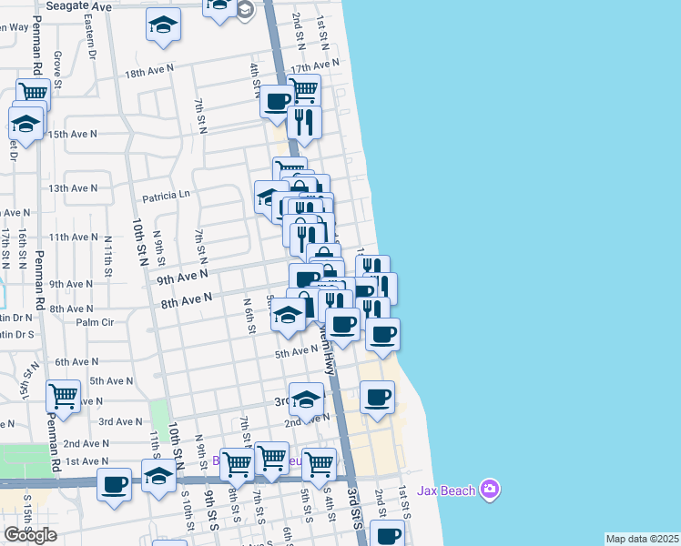 map of restaurants, bars, coffee shops, grocery stores, and more near 281 8th Avenue North in Jacksonville Beach