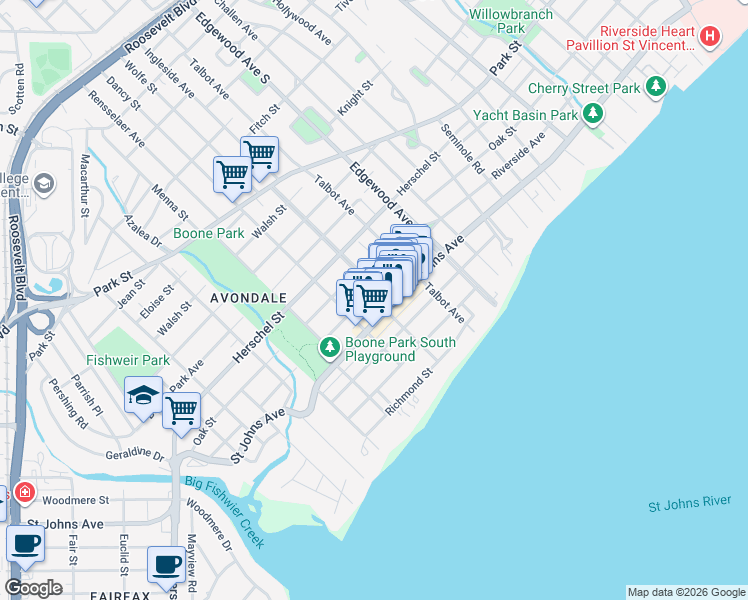 map of restaurants, bars, coffee shops, grocery stores, and more near 3602 Riverside Avenue in Jacksonville