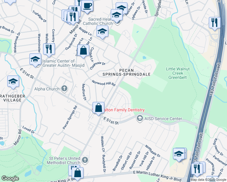 map of restaurants, bars, coffee shops, grocery stores, and more near 5506 Golden Canary Lane in Austin