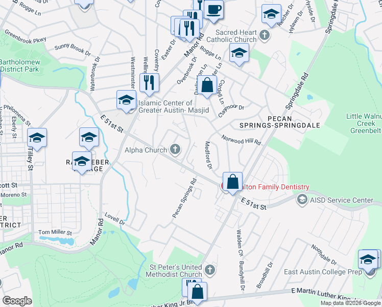 map of restaurants, bars, coffee shops, grocery stores, and more near 3108 East 51st Street in Austin