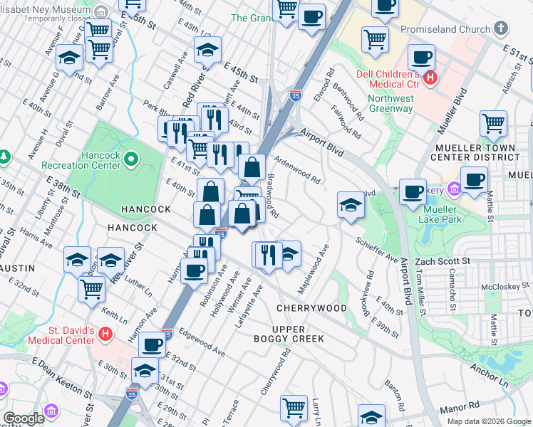 map of restaurants, bars, coffee shops, grocery stores, and more near 1201 Wilshire Boulevard in Austin