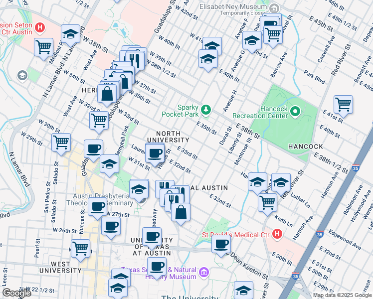map of restaurants, bars, coffee shops, grocery stores, and more near 208 East 33rd Street in Austin