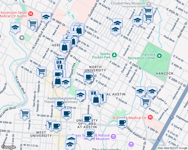 map of restaurants, bars, coffee shops, grocery stores, and more near 101 East 33rd Street in Austin