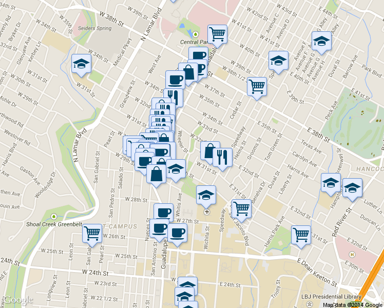 map of restaurants, bars, coffee shops, grocery stores, and more near 3117 Hemphill Park in Austin