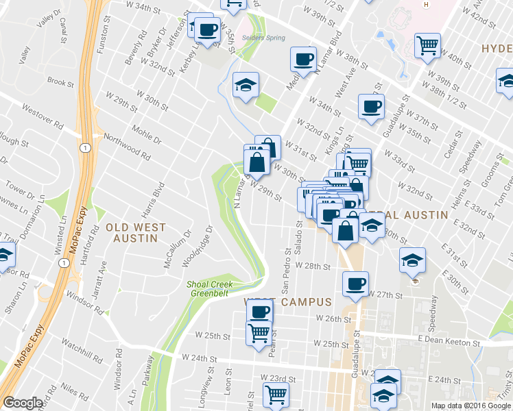 map of restaurants, bars, coffee shops, grocery stores, and more near 2841 Shoal Crest Avenue in Austin