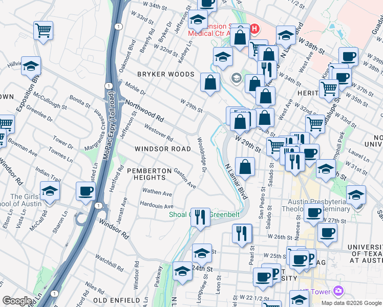 map of restaurants, bars, coffee shops, grocery stores, and more near 1315 Westover Road in Austin
