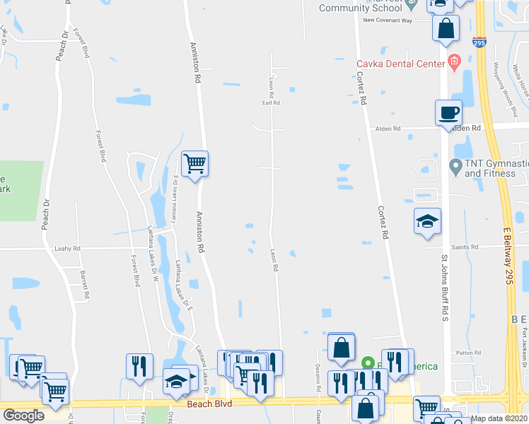 map of restaurants, bars, coffee shops, grocery stores, and more near 2724 Leon Road in Jacksonville