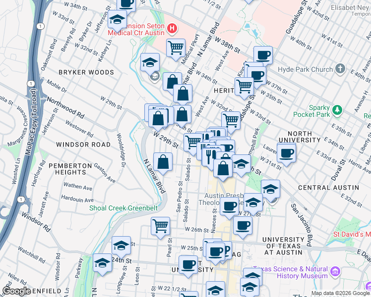 map of restaurants, bars, coffee shops, grocery stores, and more near 2842 Pearl Street in Austin