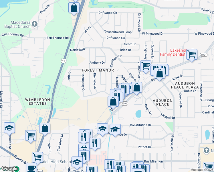 map of restaurants, bars, coffee shops, grocery stores, and more near 1133 Cawthorn Drive in Slidell