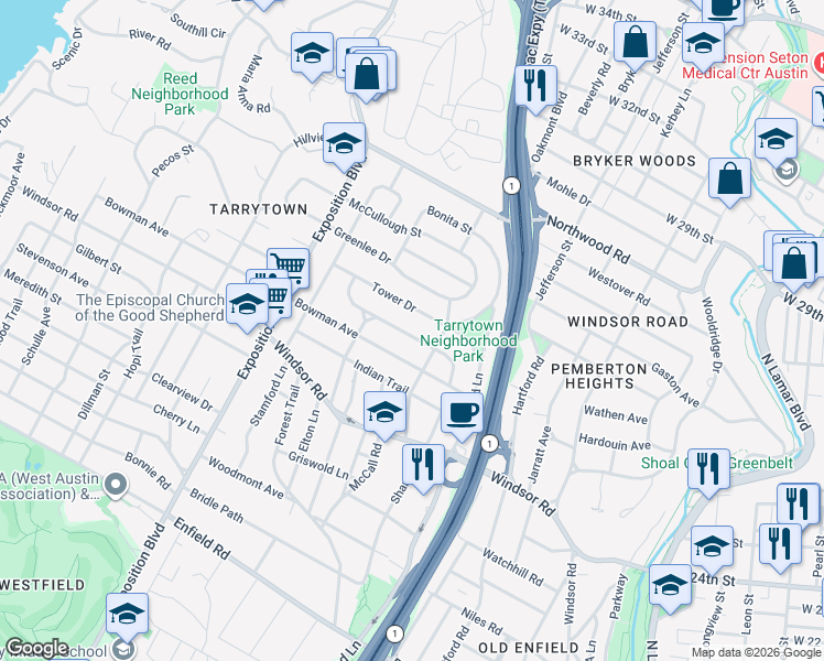 map of restaurants, bars, coffee shops, grocery stores, and more near 2208 Townes Lane in Austin