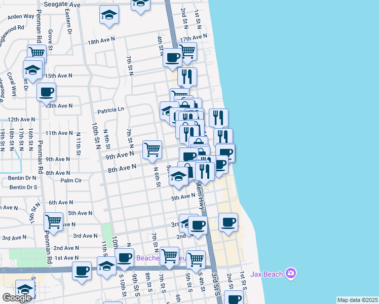map of restaurants, bars, coffee shops, grocery stores, and more near 328 9th Avenue North in Jacksonville Beach