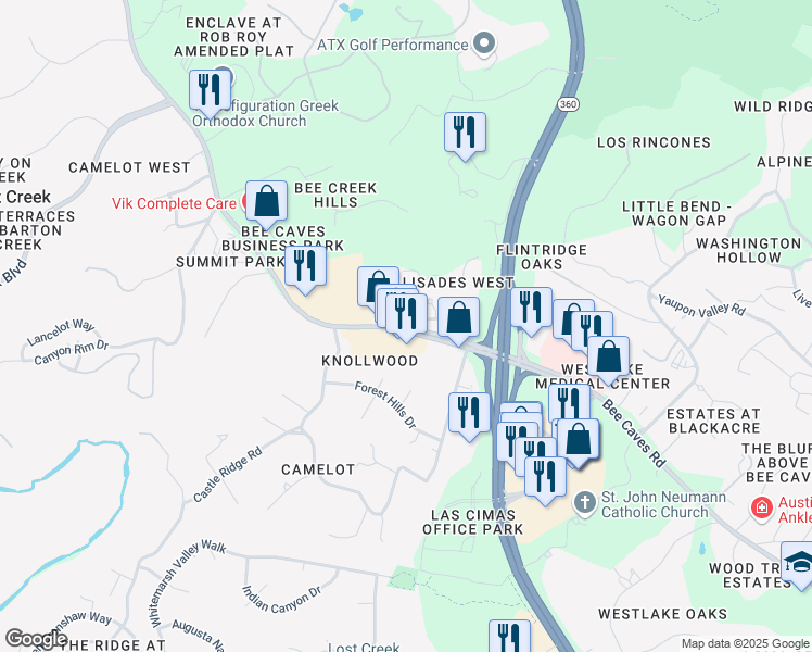 map of restaurants, bars, coffee shops, grocery stores, and more near 6300 Bee Caves Road in Austin