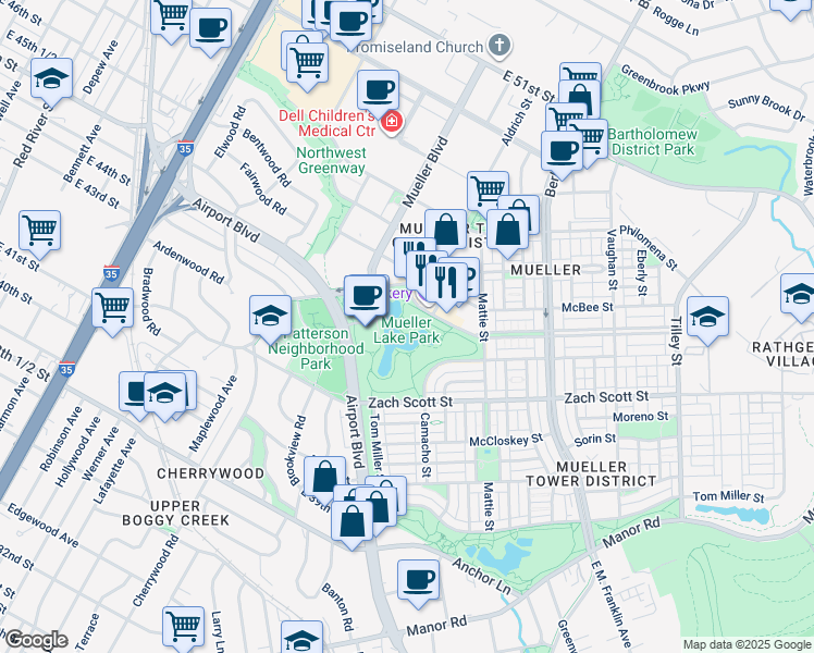 map of restaurants, bars, coffee shops, grocery stores, and more near 4550 Mueller Boulevard in Austin