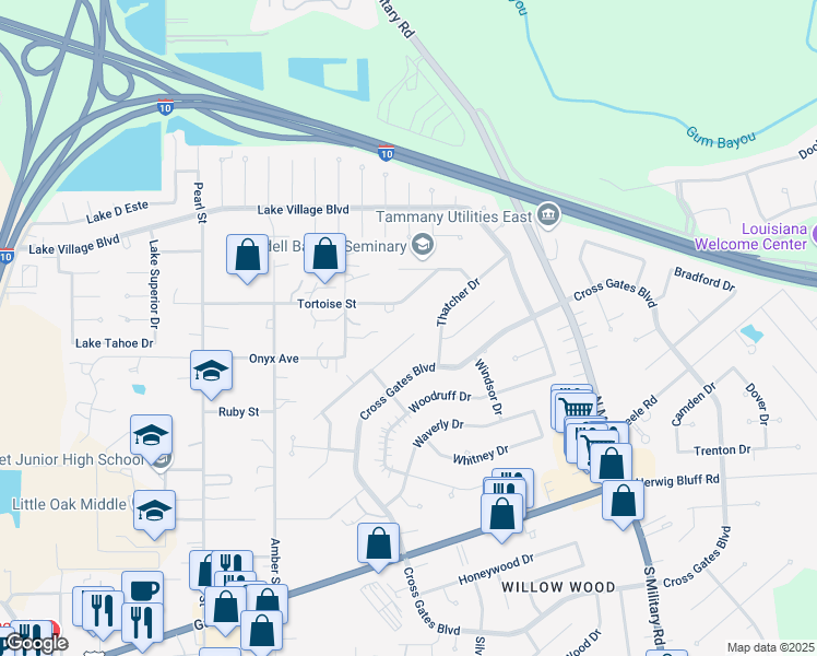 map of restaurants, bars, coffee shops, grocery stores, and more near 102 Aberdeen Dr in Slidell
