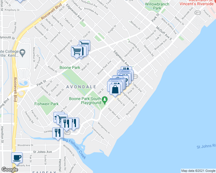 map of restaurants, bars, coffee shops, grocery stores, and more near 3636 Oak Street in Jacksonville