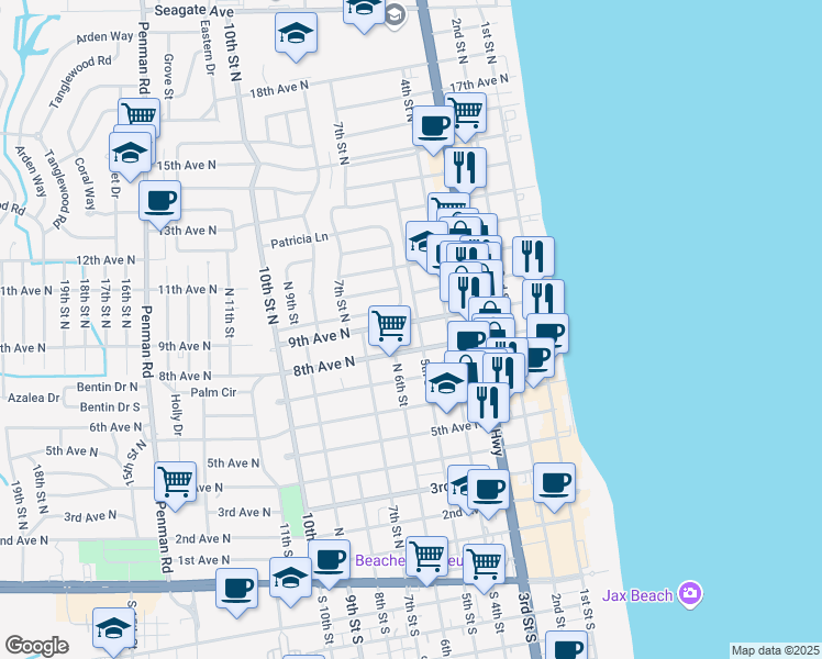 map of restaurants, bars, coffee shops, grocery stores, and more near 500 9th Avenue North in Jacksonville Beach