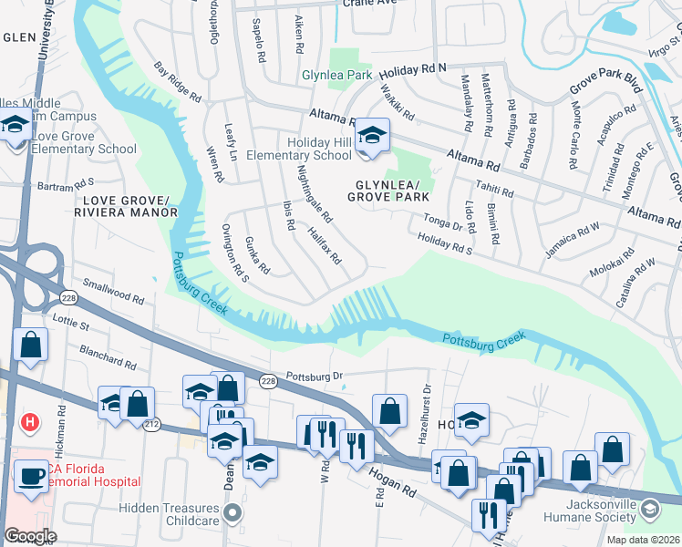 map of restaurants, bars, coffee shops, grocery stores, and more near 1234 Halifax Road in Jacksonville