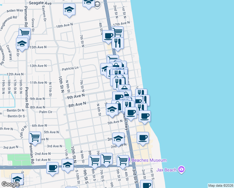 map of restaurants, bars, coffee shops, grocery stores, and more near 328 9th Avenue North in Jacksonville Beach