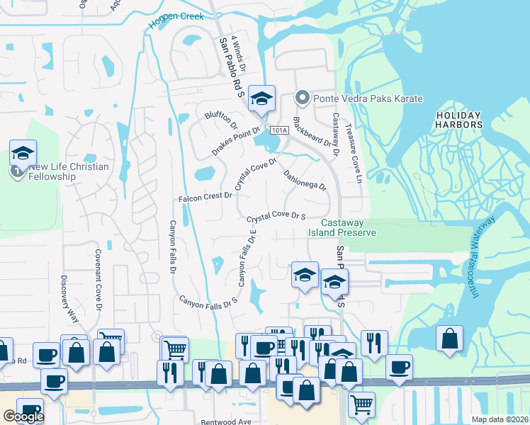 map of restaurants, bars, coffee shops, grocery stores, and more near 2812 Sebastian Court in Jacksonville