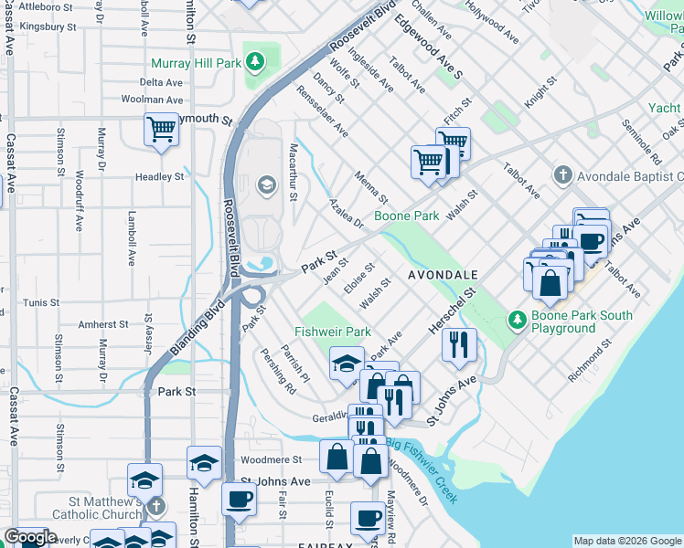 map of restaurants, bars, coffee shops, grocery stores, and more near 3881 Jean Street in Jacksonville