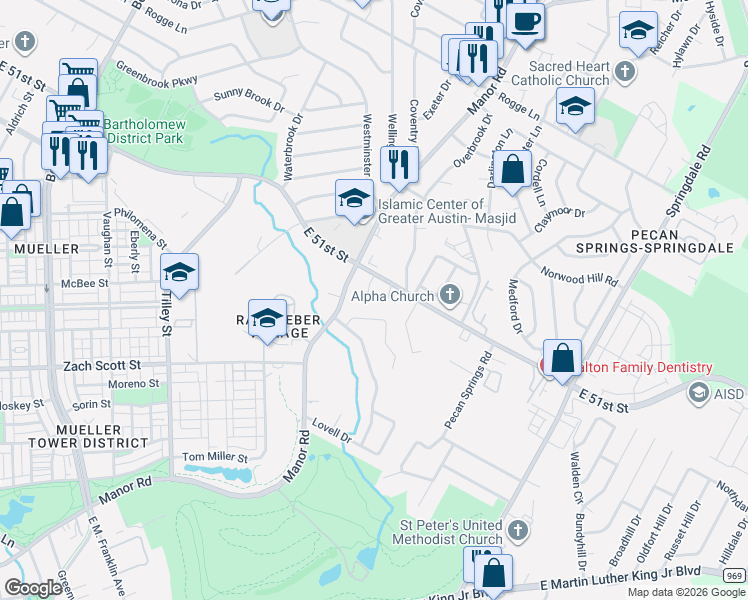map of restaurants, bars, coffee shops, grocery stores, and more near 5002 Blue Spruce Circle in Austin