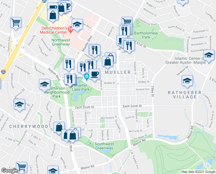 map of restaurants, bars, coffee shops, grocery stores, and more near 4417 Mattie Street in Austin